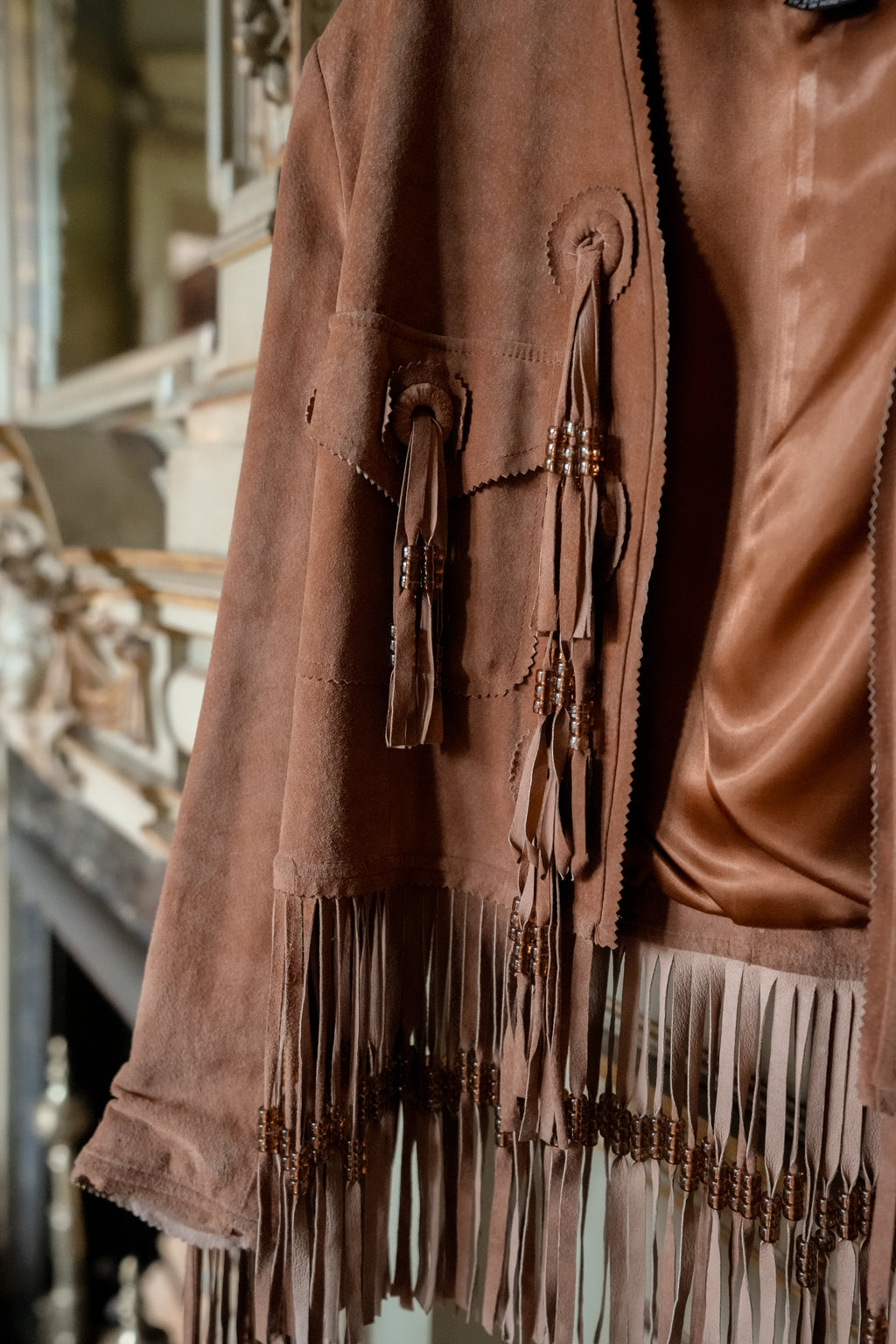 Vintage Suede Fringe Jacket with Beaded Tassels (M-L)