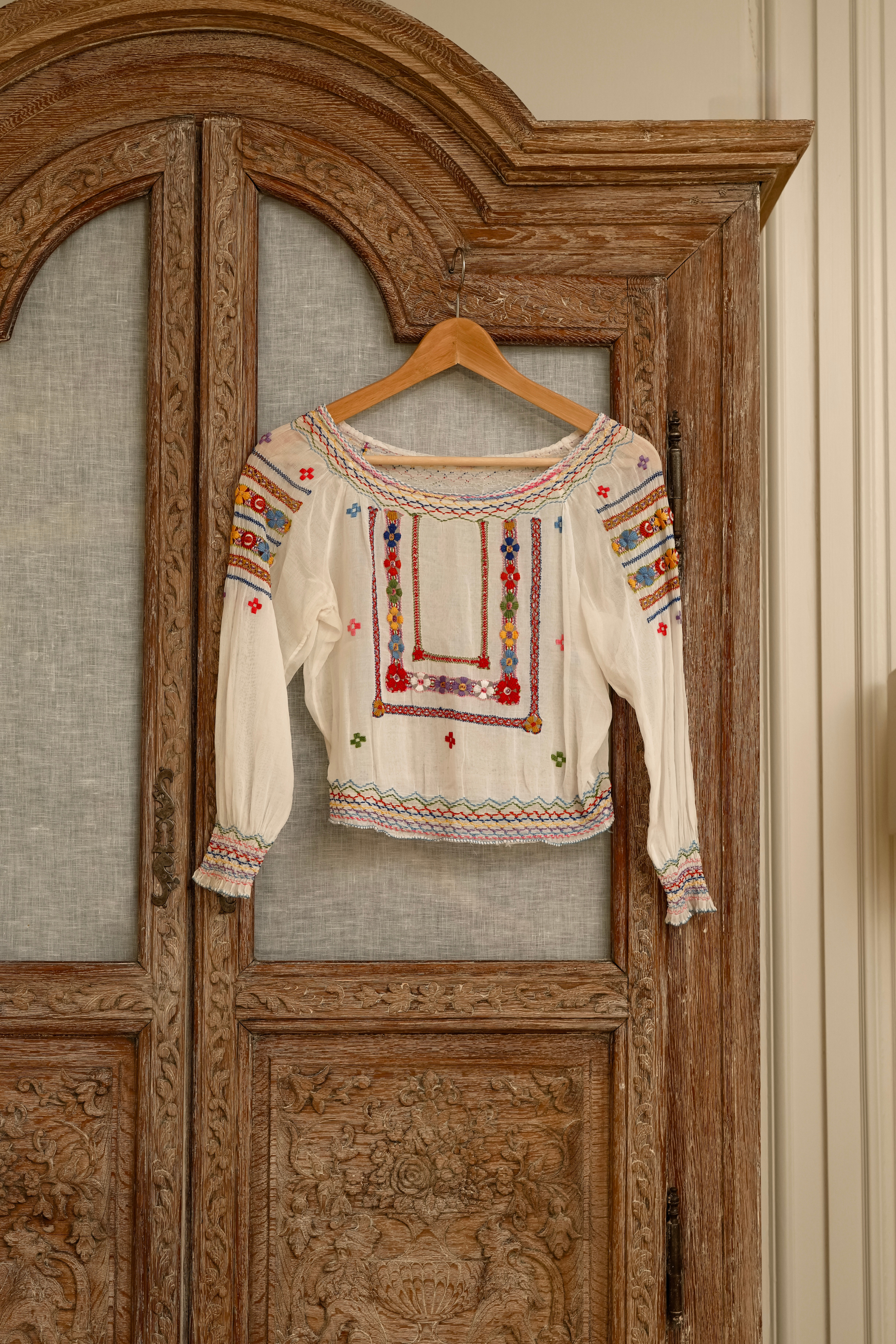 Vintage white cotton blouse with handmade embroidery