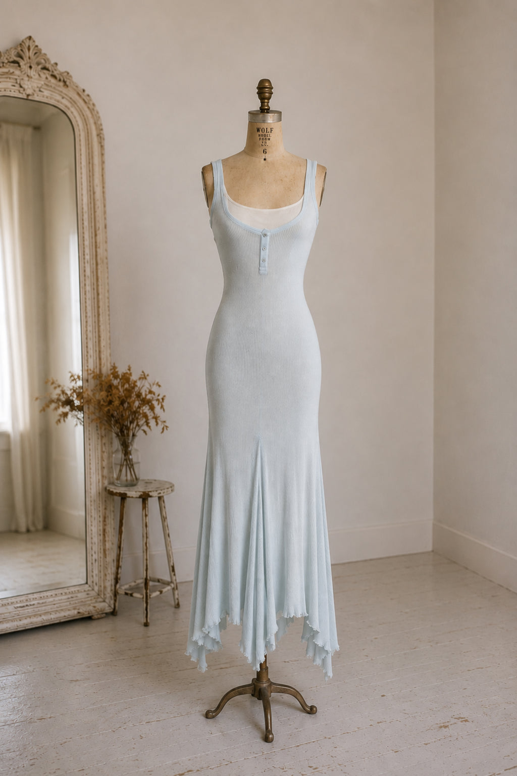 Archive Ralph Lauren Collection Ribbed Henley Tank Dress & Slip Set | Pale Blue (XS-M)