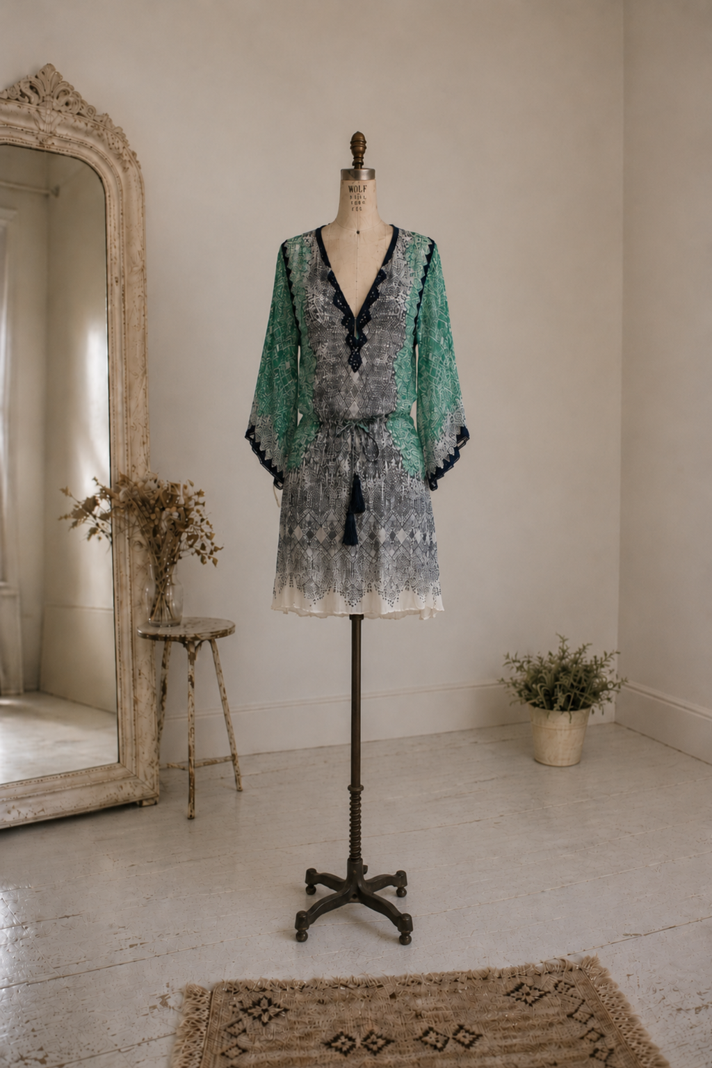 Vintage Calypso St. Barth green printed silk mini dress with embroidered trim and tassel tie detail