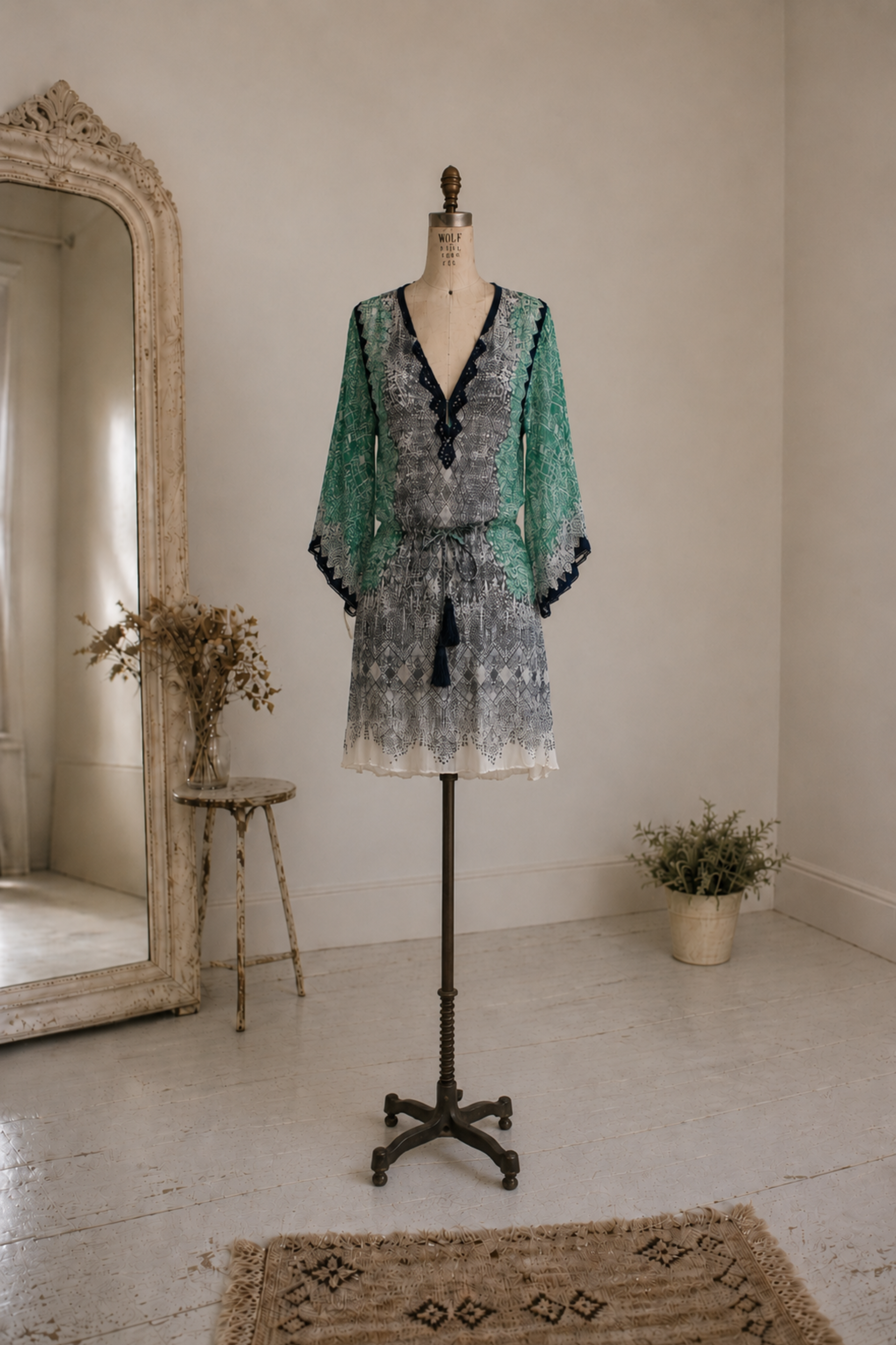 Vintage Calypso St. Barth green printed silk mini dress with embroidered trim and tassel tie detail