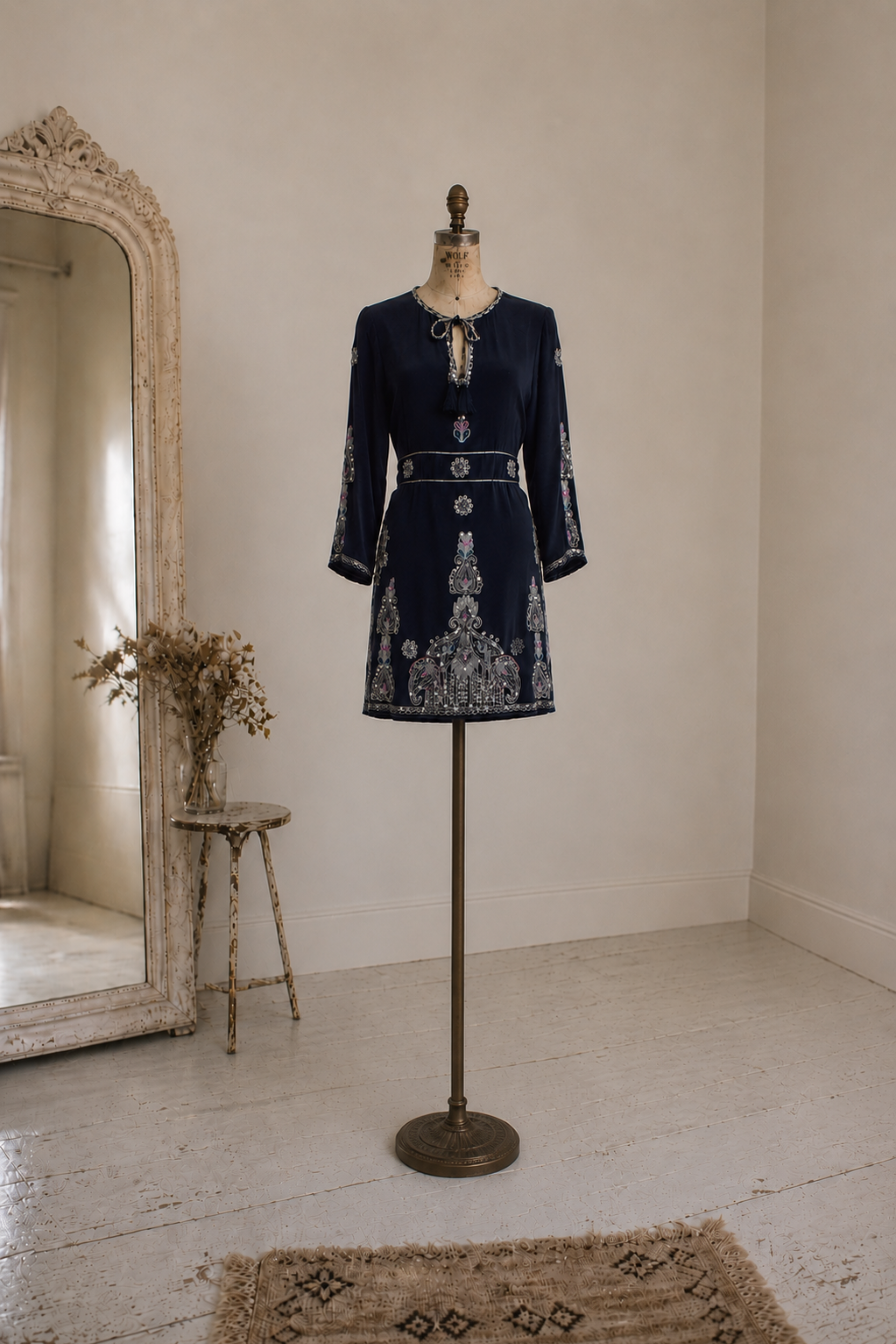 Vintage Calypso St. Barth navy embroidered silk mini dress with unique embellishments and tassel neckline