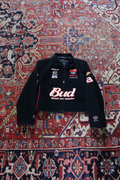 Vintage Dale Earnhardt Jr Budweiser NASCAR racing jacket in black with embroidered sponsor logos and red piping