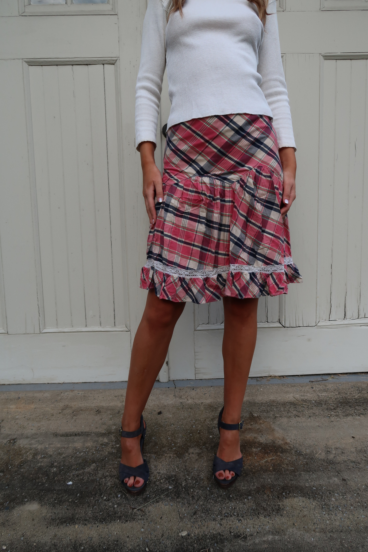 Vintage Ralph Lauren plaid skirt in pink navy and cream tartan