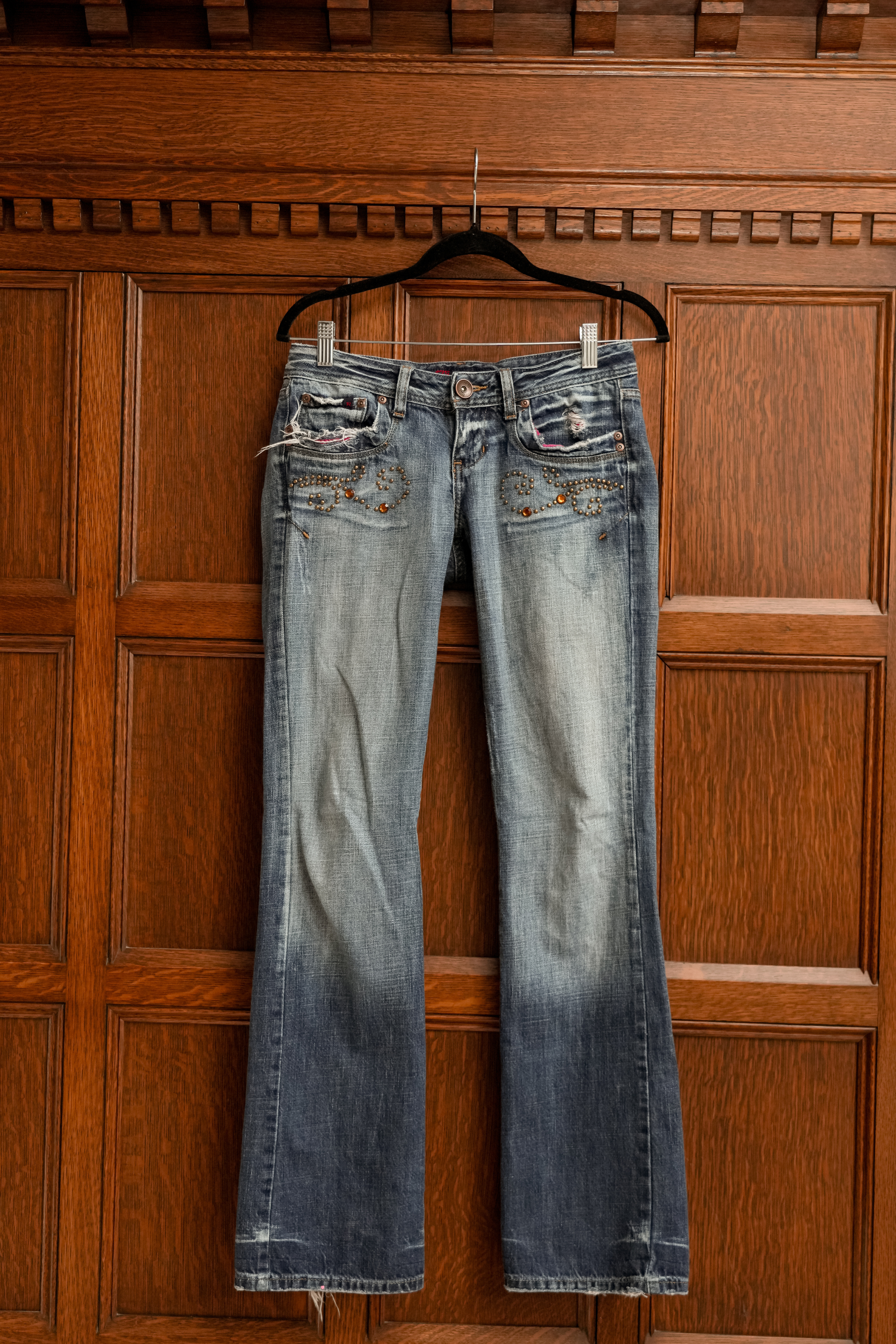 Vintage Studded Distressed Low Rise Jeans - Amber Bronze Swirls (27)
